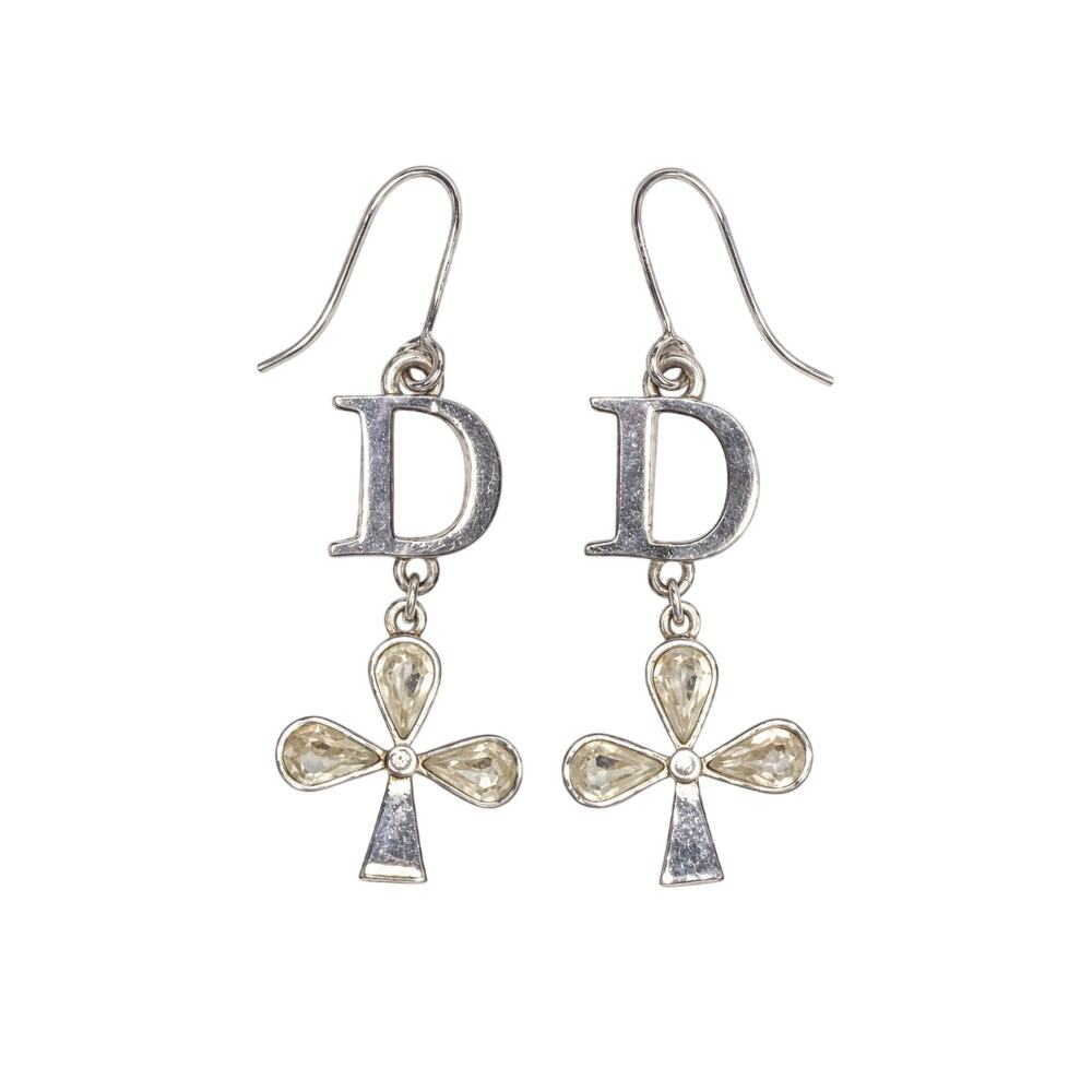 Christian Dior Vintage Silver D Charm Logo Crystal Clover Dangle Hook Earrings